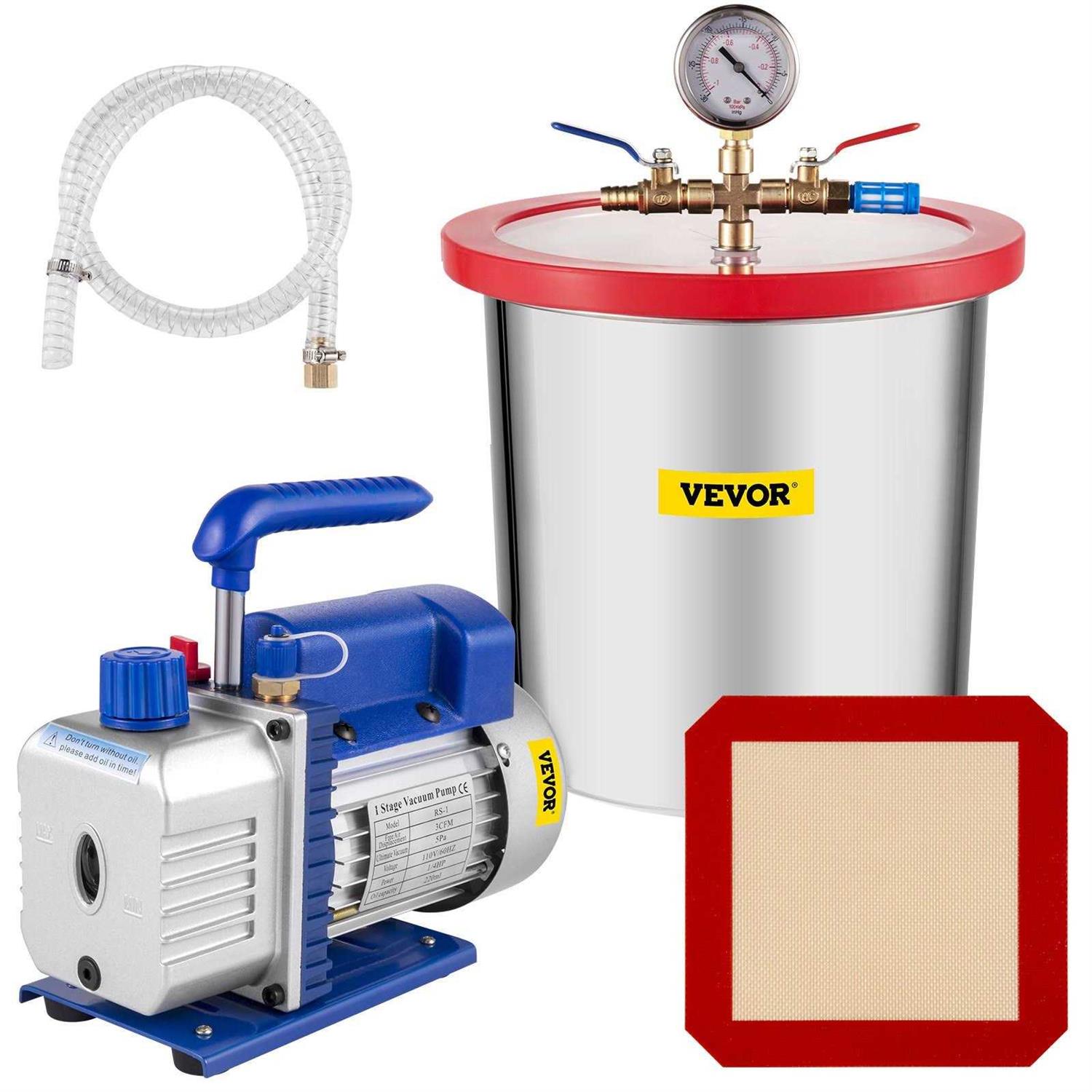 VEVOR Vacuum Pump 2 Gallon Vacuum Chamber Silicone Expoxy Degassing with 4CFM 1/3HP Single Stage Vacuum Gauge QCKTZKB4CFM1-3J2TV1 - Zenithce