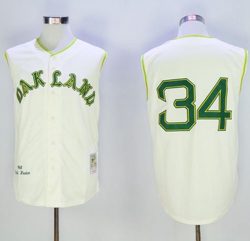 Mitchell And Ness 1968 Athletics #34 Rollie Fingers Cream Throwback Stitched Jersey - Zenithce