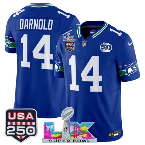 Seattle Seahawks #14 Sam Darnold Royal 2025 F.U.S.E. Super Bowl LX Patch And 50th Season USA 250' Patch Vapor Throwback Limited Stitched Jersey - Zenithce