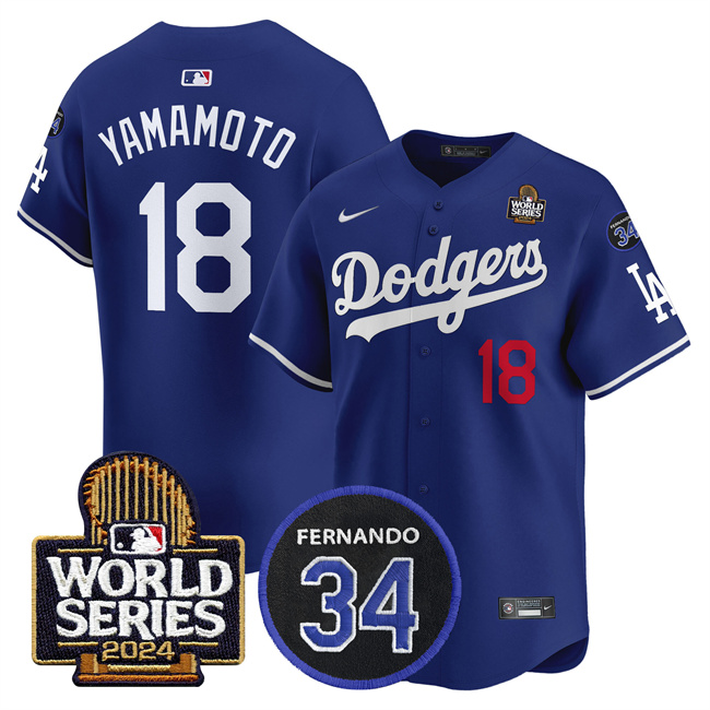 Los Angeles Dodgers #18 Yoshinobu Yamamoto Royal 2024 World Series With Fernando Memorial Patch Limited Stitched Jersey - Zenithce