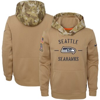 Youth Seattle Seahawks Khaki 2019 Salute To Service Therma Pullover Hoodie - Zenithce