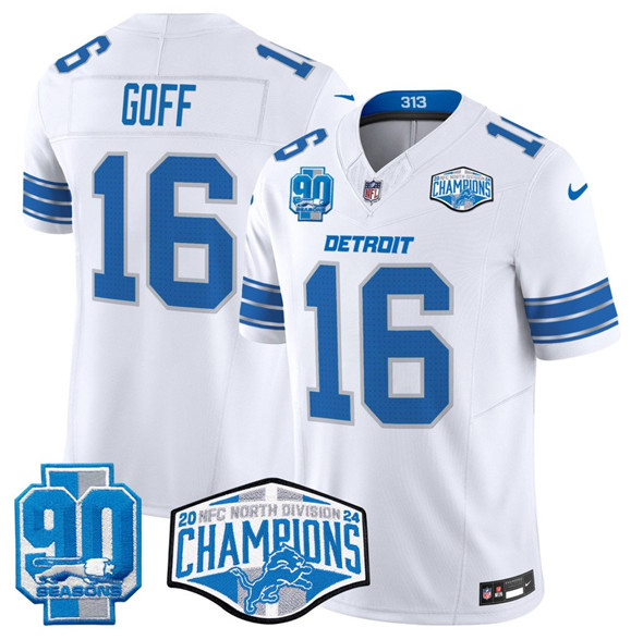 Detroit Lions #16 Jared Goff White 2024 NFC North Champions 90th Anniversary Patch F.U.S.E. Vapor Limited Stitched Jersey - Zenithce