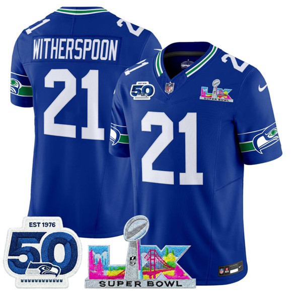Seattle Seahawks #21 Devon Witherspoon Royal 2025 F.U.S.E. Super Bowl LX Patch And 50th Season Patch Vapor Throwback Limited Stitched Jersey - Zenithce