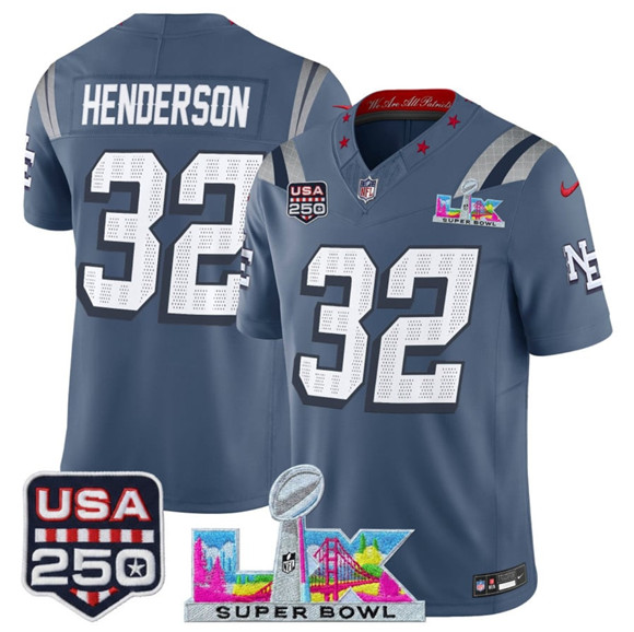 New England Patriots #32 TreVeyon Henderson Storm Blue 2025 F.U.S.E. Super Bowl LX USA 250' Patch “Rivalries” Vapor Limited Stitched Jersey - Zenithce