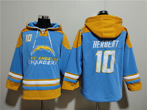Los Angeles Chargers #10 Justin Herbert Blue Ageless Must-Have Lace-Up Pullover Hoodie - Zenithce