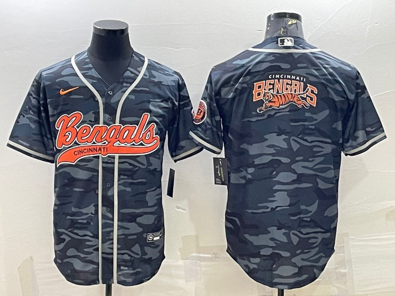 Cincinnati Bengals Grey Camo Team Big Logo With Patch Cool Base Stitched Baseball Jersey - Zenithce