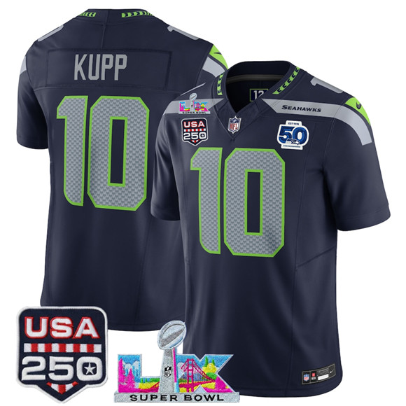 Seattle Seahawks #10 Cooper Kupp Navy 2025 F.U.S.E. Super Bowl LX Patch And 50th Season Patch Vapor Limited Stitched Jersey - Zenithce