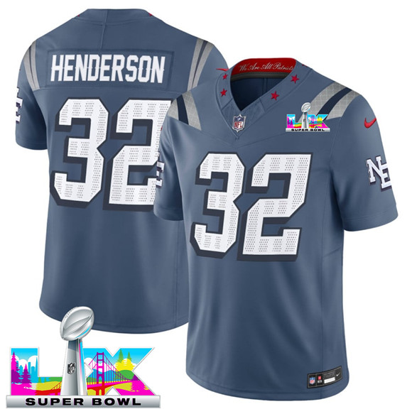 New England Patriots #32 TreVeyon Henderson Storm Blue 2025 F.U.S.E. Super Bowl LX Patch “Rivalries” Vapor Limited Stitched Jersey - Zenithce