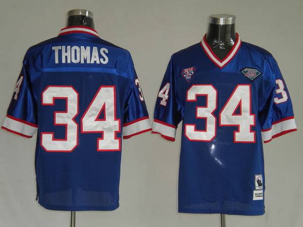 Mitchell Ness Bills #34 Custom Thurman Thomas Blue 35th Anniversary Patch Stitched Throwback Jersey - Zenithce