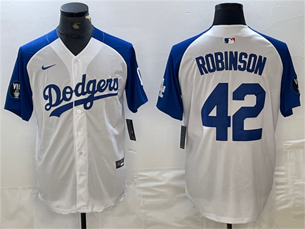 Los Angeles Dodgers #42 Jackie Robinson White Blue Vin Patch Cool Base Stitched Jersey - Zenithce