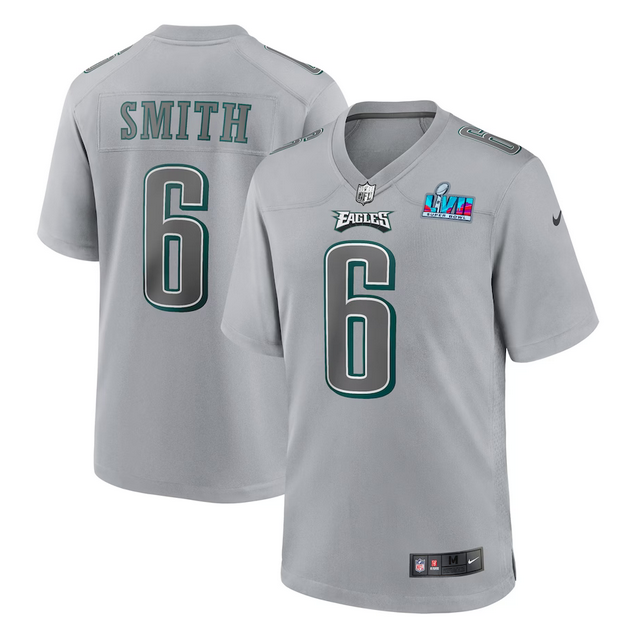 Philadelphia Eagles #6 DeVonta Smith Grey Super Bowl LVII Patch Atmosphere Fashion Stitched Game Jersey - Zenithce