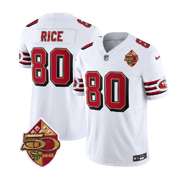 San Francisco 49ers #80 Jerry Rice White 2023 F.U.S.E. 50th Patch Throwback Stitched Jersey - Zenithce