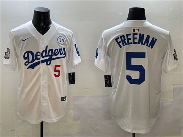 Los Angeles Dodgers #5 Freddie Freeman White 2024 World Series With No. 34 Patch Home Limited Stitched Jersey - Zenithce
