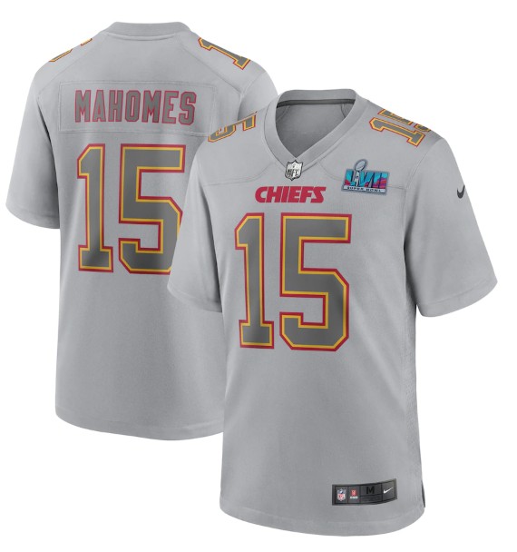 Kansas City Chiefs #15 Patrick Mahomes Gray Super Bowl LVII Patch Atmosphere Fashion Stitched Game Jersey - Zenithce