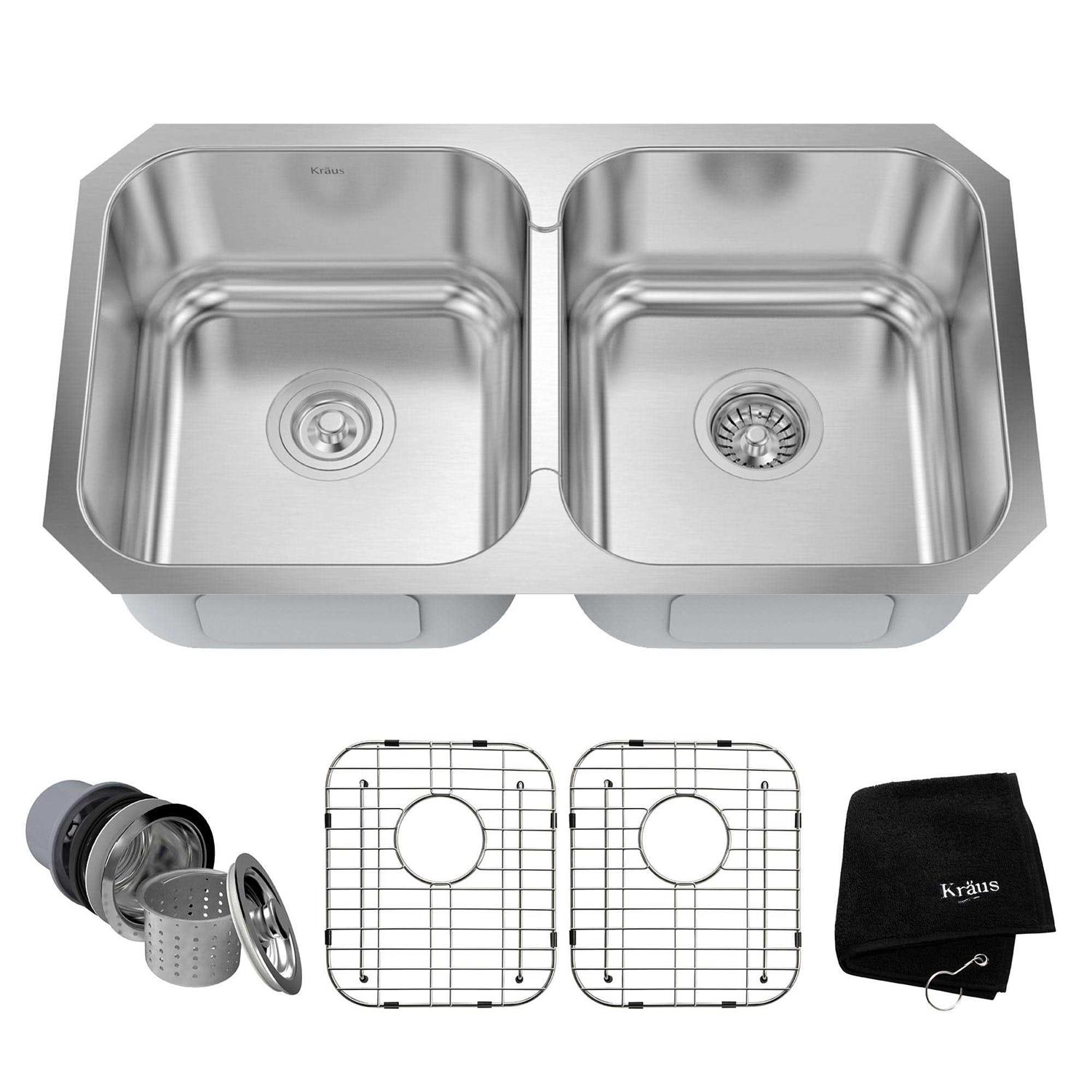 Kraus Premier 32-inch 16 Gauge Undermount 50/50 Double Bowl Stainless Steel Kitchen Sink KBU32 - Zenithce