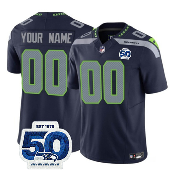Seattle Seahawks Custom Navy 2025 F.U.S.E. 50th Anniversary Patch Vapor Limited Stitched Jersey - Zenithce