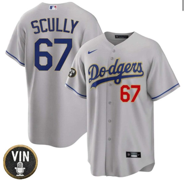 Los Angeles Dodgers #67 Vin Scully 2022 Grey Vin Scully Patch Cool Base Stitched Jersey - Zenithce