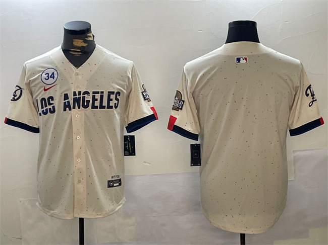 Los Angeles Dodgers Blank Cream 2024 World Series With No. 34 Patch Limited Stitched Jersey - Zenithce