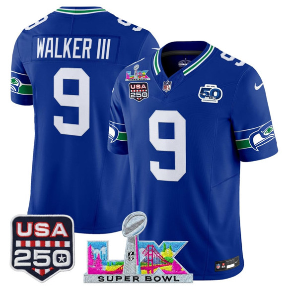 Seattle Seahawks #9 Kenneth Walker III Royal 2025 F.U.S.E. Super Bowl LX Patch And 50th Season USA 250' Patch Vapor Throwback Limited Stitched Jersey - Zenithce