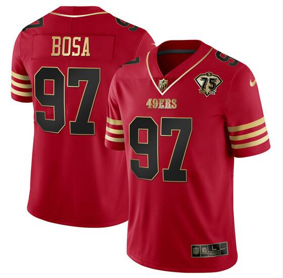 San Francisco 49ers #97 Nick Bosa Red Gold With 75th Anniversary Patch Stitched Jersey - Zenithce