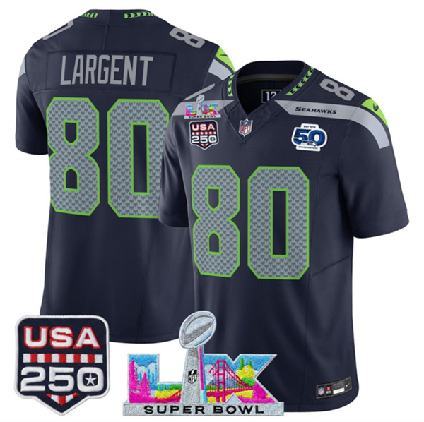 Seattle Seahawks #80 Steve Largent Navy 2025 F.U.S.E. Super Bowl LX Patch And 50th Season USA 250' Patch Vapor Limited Stitched Jersey - Zenithce