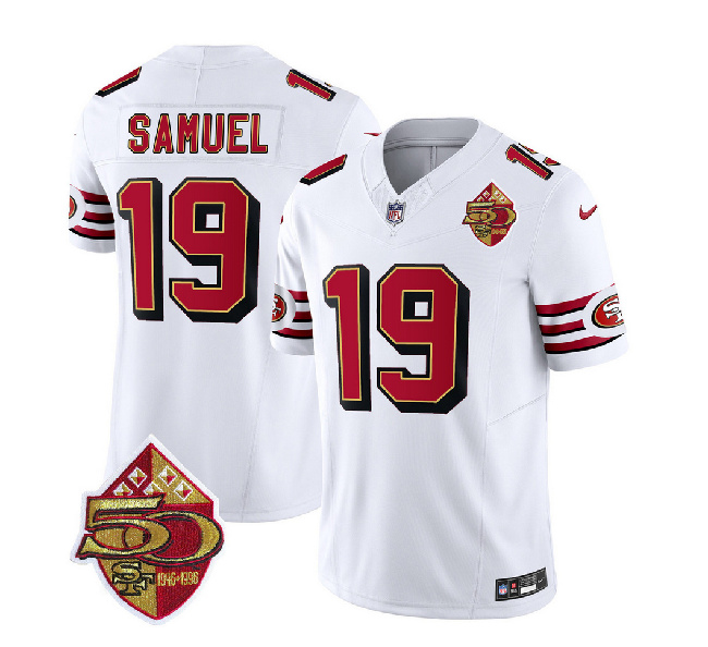San Francisco 49ers #19 Deebo Samuel White 2023 F.U.S.E. 50th Patch Throwback Stitched Jersey - Zenithce