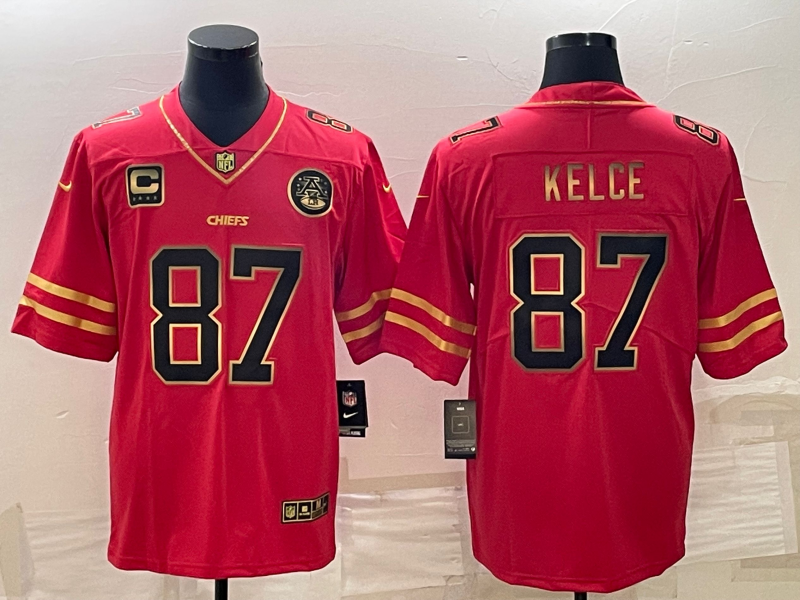 Kansas City Chiefs #87 Travis Kelce Red Gold 4-Star C Patch Vapor Untouchable Limited Stitched Jersey - Zenithce