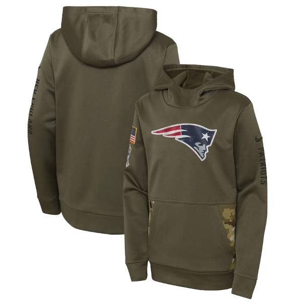 Youth New England Patriots 2022 Olive Salute To Service Therma Performance Pullover Hoodie - Zenithce