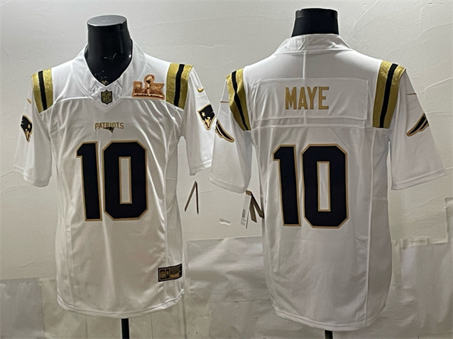 New England Patriots #10 Drake Maye White Gold 2025 F.U.S.E. Super Bowl LX Patch Vapor Limited Stitched Jersey - Zenithce