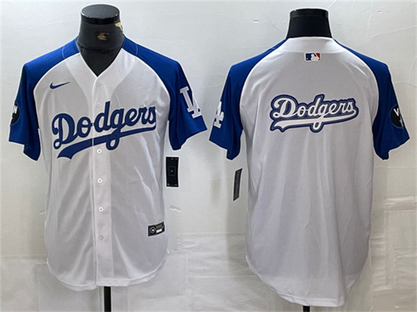 Los Angeles Dodgers Team Big Logo White Blue Vin Patch Cool Base Stitched Jersey - Zenithce