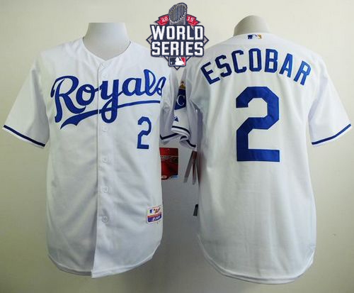 Royals #2 Alcides Escobar White Cool Base W 2015 World Series Patch Stitched Jersey - Zenithce
