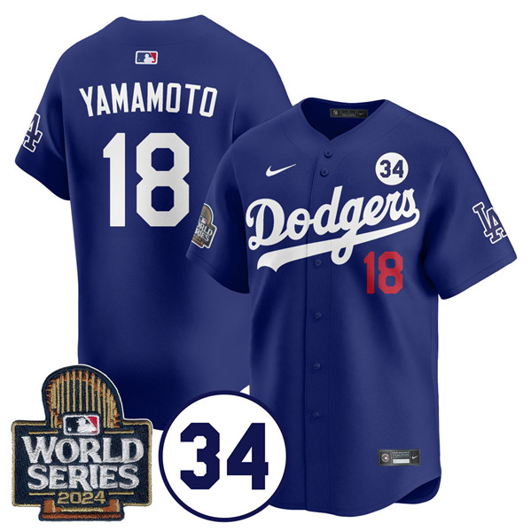 Los Angeles Dodgers #18 Yoshinobu Yamamoto Royal 2024 World Series With No. 34 Patch Cool Base Stitched Jersey - Zenithce