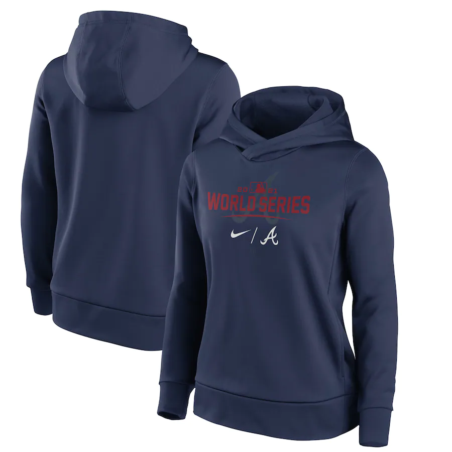 Women's Atlanta Braves 2021 Navy World Series Bound Collection Dugout Pullover Hoodie(Run Small) - Zenithce