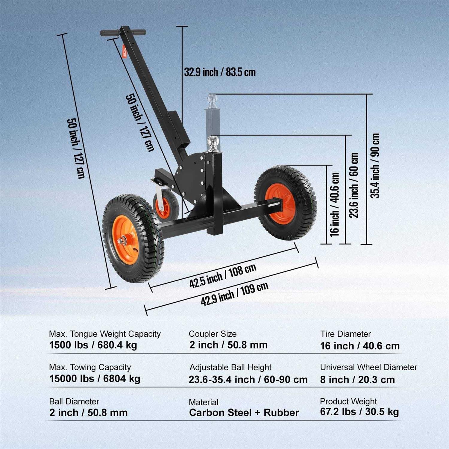VEVOR Adjustable Trailer Dolly 1500lbs Tongue Weight Capacity 2 in 1 Trailer Mover with 23.6”-35.4” Adjustable Height & 2” Ball - Zenithce
