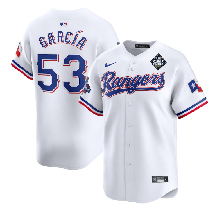 Texas Rangers #53 Adolis García White 2023 World Series Patch And Champions Patch Stitched Jersey - Zenithce