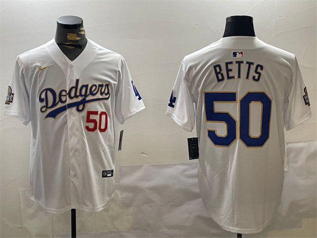 Los Angeles Dodgers #50 Mookie Betts White Gold 2024 World Series Home Limited Stitched Jersey - Zenithce