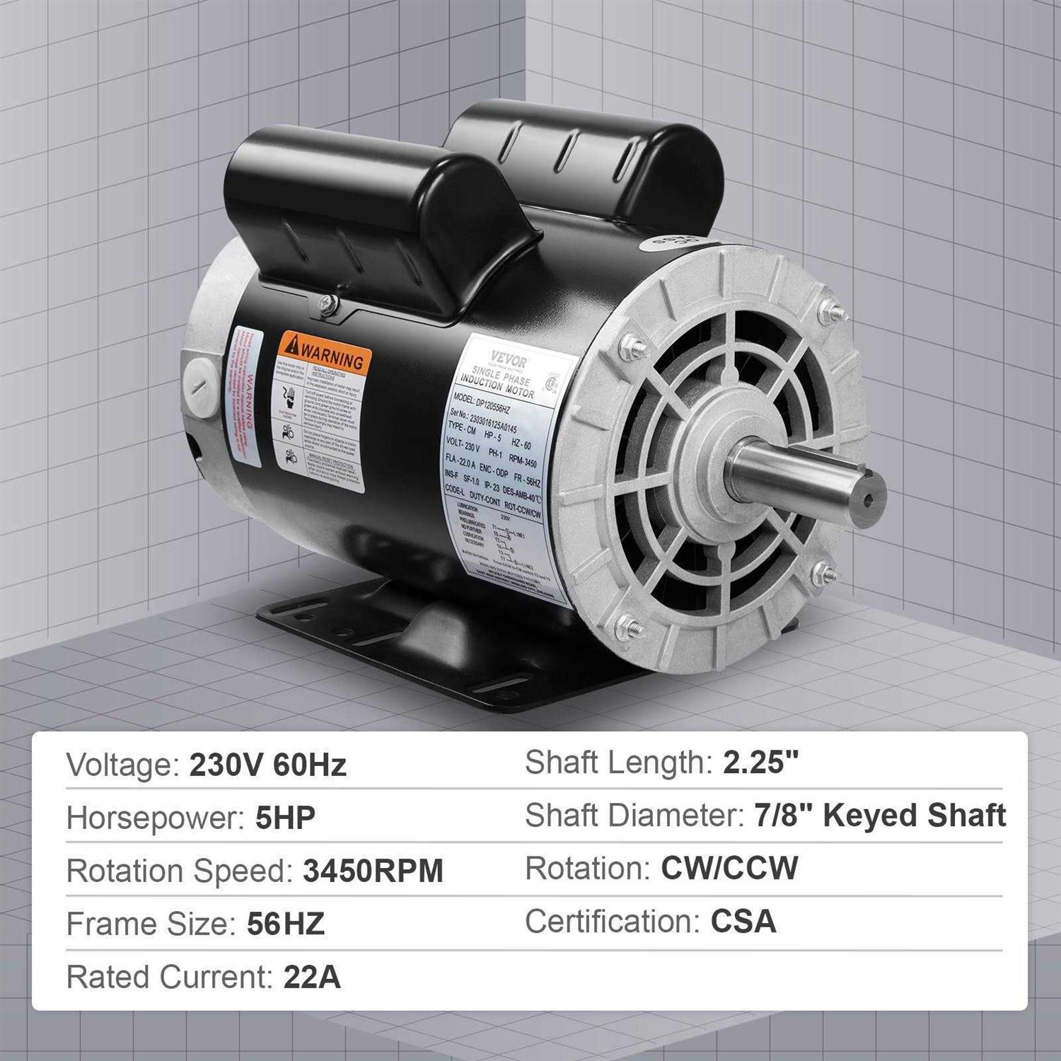 VEVOR 5HP Air Compressor Motor Single Phase Electric Motor Keyed shaft 230V Frame CW/CCW Rotation DXKYJDJTODP5HWZ57V7 - Zenithce
