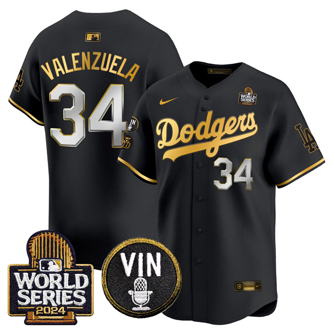 Los Angeles Dodgers #34 Toro Valenzuela Black Gold 2024 World Series With Vin Kobe Patch Limited Stitched Jersey - Zenithce