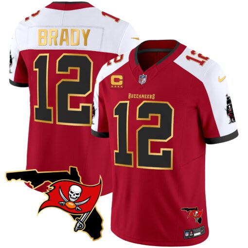 Tampa Bay Buccaneers #12 Tom Brady Red White With Florida Patch Gold Trim Vapor Stitched Jersey - Zenithce