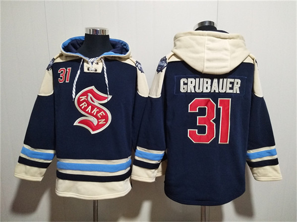 Seattle Kraken #31 Philipp Grubauer Deep Sea Blue Lace-Up Pullover Hoodie - Zenithce