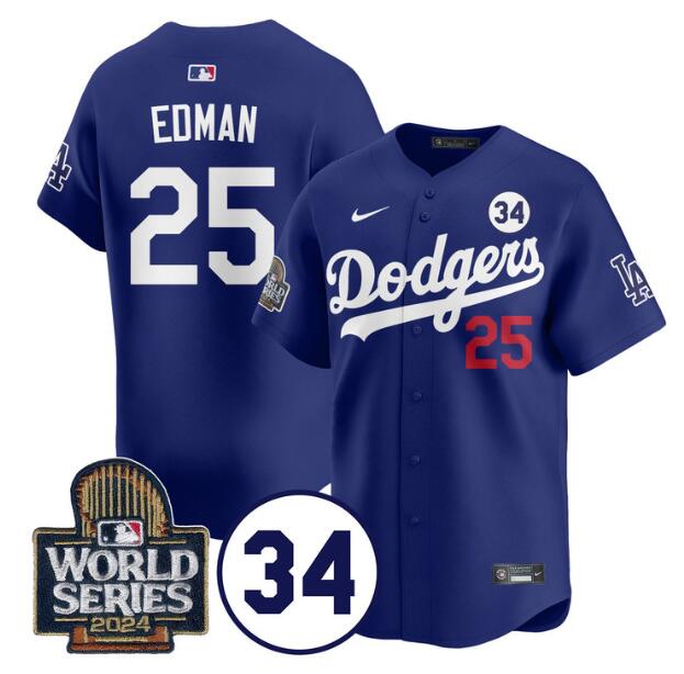 Los Angeles Dodgers #25 Tommy Edman Royal 2024 World Series With No. 34 Patch Limited Stitched Jersey - Zenithce