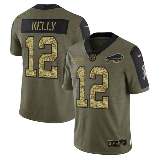 Buffalo Bills #12 Jim Kelly 2021 Olive Camo Salute To Service Limited Stitched Jersey - Zenithce
