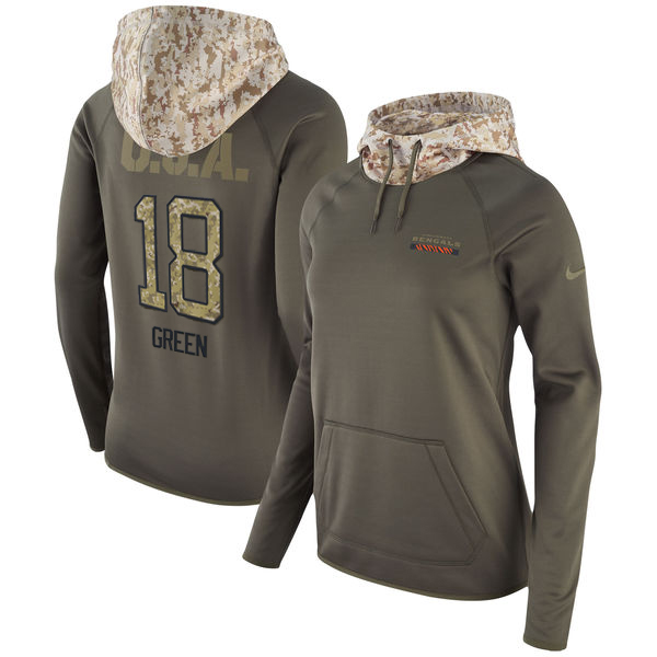 Women's Cincinnati Bengals #18 A.J. Green Olive Salute To Service Sideline Therma Pullover Hoodie - Zenithce