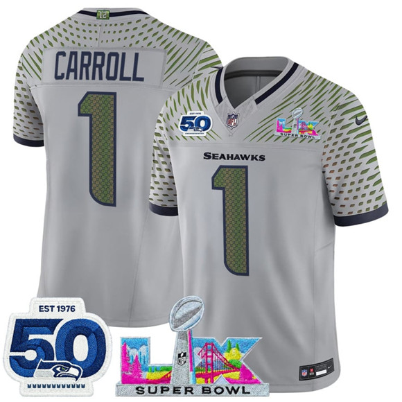 Seattle Seahawks #1 Pete Carroll Gray 2025 F.U.S.E. Super Bowl LX Patch And 50th Season Patch “Rivalries” Vapor Limited Stitched Jersey - Zenithce
