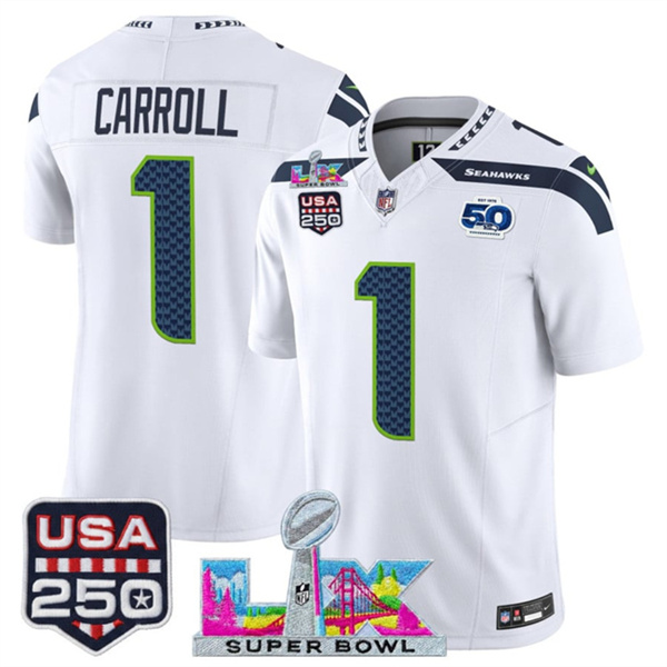 Seattle Seahawks #1 Pete Carroll White 2025 F.U.S.E. Super Bowl LX Patch And 50th Season USA 250' Patch Vapor Limited Stitched Jersey - Zenithce