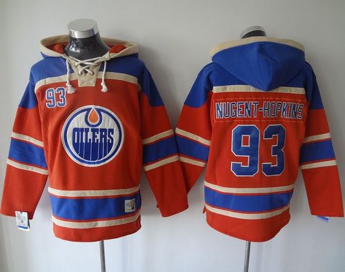 Oilers #93 Ryan Nugent-Hopkins Orange Sawyer Hooded Sweatshirt Stitched Jersey - Zenithce