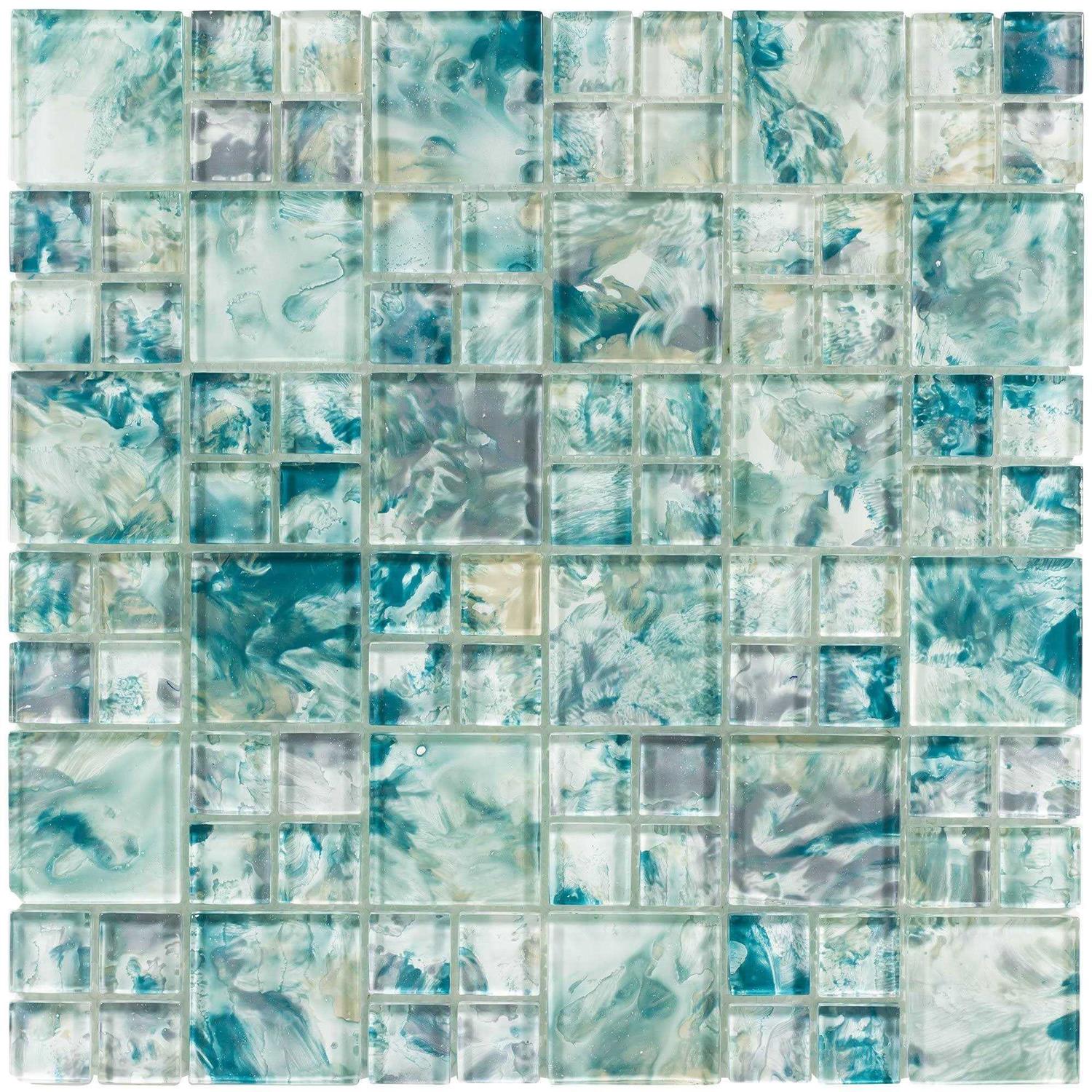 MosaicTileOutlet Translucent Gray Yellow Turquoise Glass Mosaic Tile - Zenithce