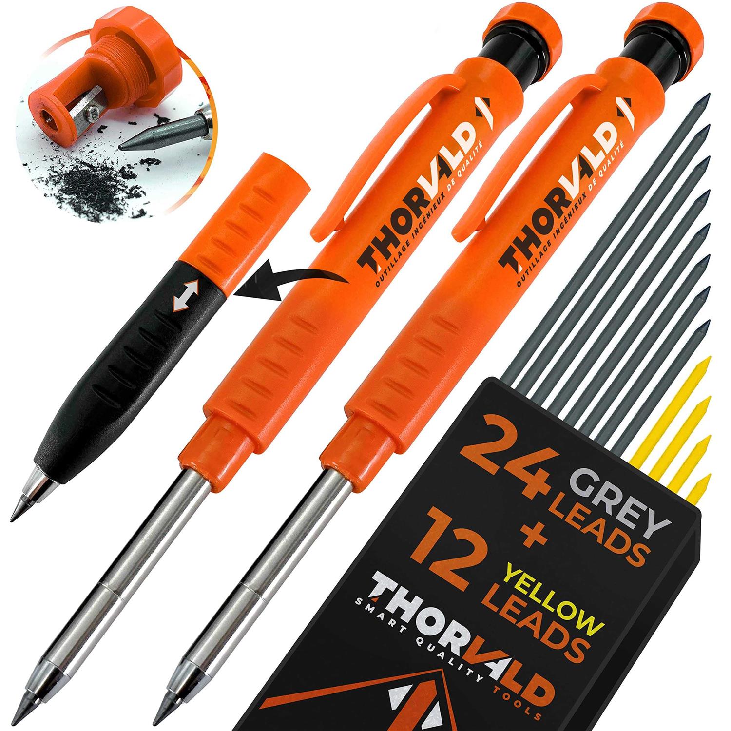 THORVALD Carpenter Pencils Set for Carpenter Incl. 7 Leads + Sharpener + Finger grip - Zenithce