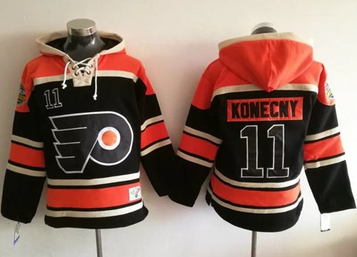 Flyers #11 Travis Konecny Black Sawyer Hooded Sweatshirt Stitched Jersey - Zenithce