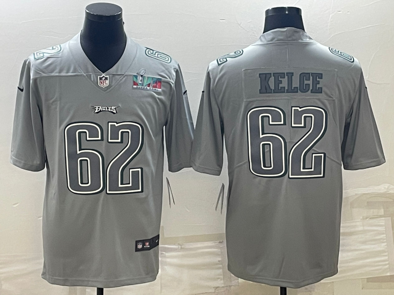 Philadelphia Eagles #62 Jason Kelce Gray Super Bowl LVII Patch Atmosphere Fashion Stitched Jersey - Zenithce